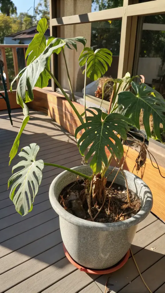 A large Monstera Deliciosa plant with its iconic split leaves is pictured in a grey pot on a sunny outdoor wooden deck. The plant shows some dry, brown aerial roots and sits in compacted soil, suggesting it may be root-bound and in need of care. This image serves as a useful visual for content creators writing about advanced plant care topics, including when and why Repotting House Plants like a Monstera is necessary for their long-term health and vitality, especially when they are kept outdoors.