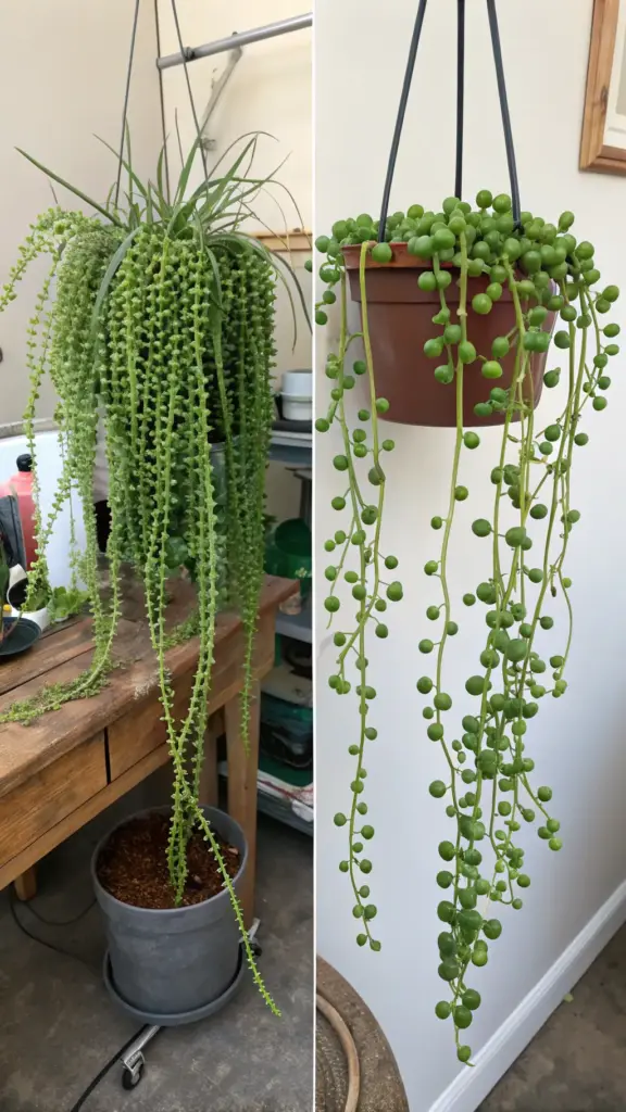 A before-and-after comparison image demonstrating a key pruning and propagation technique for proper String of Pearls Care. The "before" image on the left shows a very long and leggy String of Pearls plant. The "after" image on the right shows a much fuller, more compact, and healthier plant in a hanging basket, illustrating the positive results of trimming the long strands and replanting them in the top of the pot to encourage lush growth.