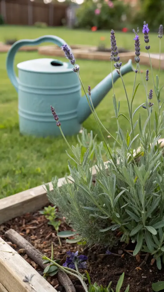 A healthy lavender plant with silvery-green foliage and new purple blooms is shown in a raised wooden garden bed, illustrating a key aspect of learning how to grow lavender. In the softly blurred background, a light blue watering can sits on a lush green lawn, emphasizing the importance of a correct watering schedule for this Mediterranean herb.