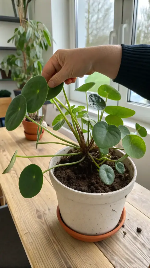 A person's hand gently lifts a leaf on a healthy Pilea, demonstrating a hands-on approach to Chinese Money Plant Care. The plant sits in a white speckled pot on a wooden table, and its dark, uniformly moist soil suggests a strategic watering schedule is being followed. This image illustrates the important practice of regularly checking the leaves and soil moisture to keep the plant thriving, which is a key component of proper houseplant maintenance.