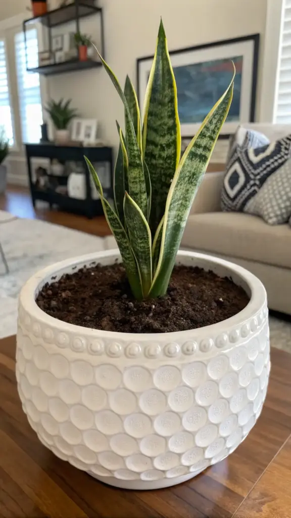 A healthy snake plant with vibrant green and yellow variegated leaves is potted in a stylish, white ceramic planter with a textured honeycomb pattern. The plant sits on a wooden table in a well-lit, modern living room, demonstrating beautiful results of proper Snake Plant Care and how this resilient houseplant can enhance home decor. The soil appears dark and well-draining, crucial for the plant's health.