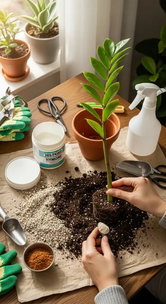 A person is shown potting a rooted cutting as the final step of a ZZ Plant Propagation. Their hands carefully place the young plant into fresh potting mix on a paper-lined table, surrounded by gardening tools, a terracotta pot, rooting hormone, and perlite.