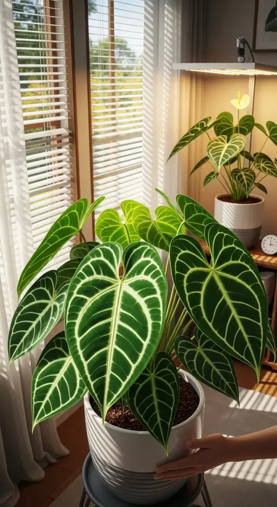 A large, healthy Anthurium Clarinervium plant with prominent white veins on its dark green, heart-shaped leaves, receiving indirect sunlight near a window with blinds, illustrating ideal light conditions to Grow Anthurium Clarinervium indoors.