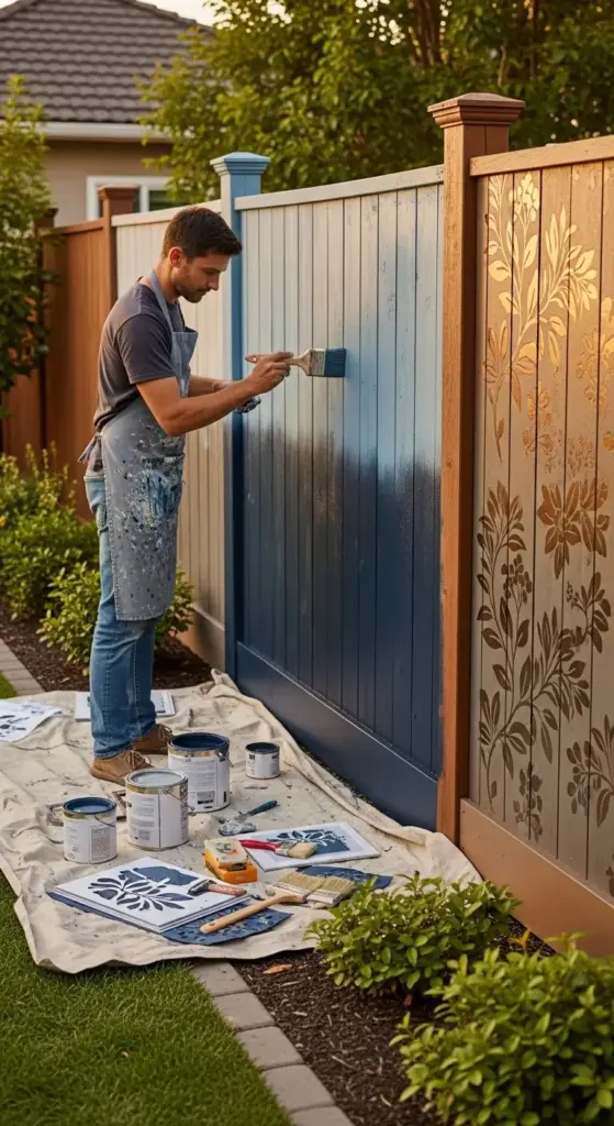 An eye-level, vertical shot captures a man intently painting a wooden fence in a backyard, contributing to its overall backyard fence decor. He is wearing a paint-splattered apron over a gray t-shirt and jeans, holding a paintbrush and applying a dark blue paint to the fence panels. Several cans of paint, brushes, and stencils are laid out on a white drop cloth on the ground beside him, indicating a creative project.To the right, a section of the fence showcases an elegant floral stencil design in a lighter color, hinting at the finished backyard fence decor. The background reveals lush green grass, a neatly mulched garden bed, and parts of other wooden fences, suggesting a well-maintained outdoor space. The scene is bathed in natural daylight, indicating either morning or afternoon, with soft shadows. The overall impression is one of home improvement and personalization of outdoor living areas.