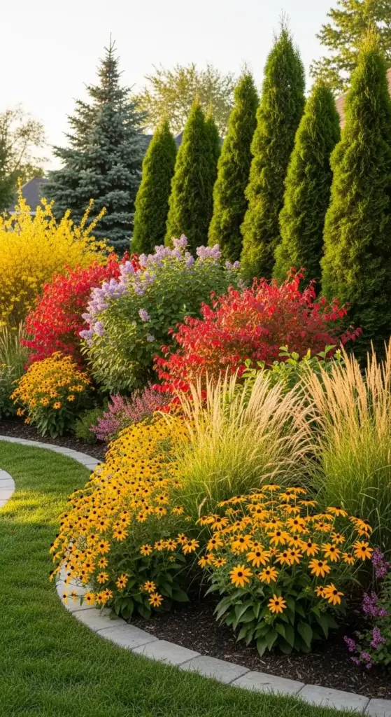 A vibrant garden border showcases stunning "Backyard Privacy Ideas From Neighbors" with a row of tall, slender evergreen trees forming a natural screen. In front of them, an array of colorful shrubs and flowering plants, including bright yellow coneflowers, red and yellow bushes, and ornamental grasses, creates a beautiful and dense visual barrier. A well-manicured green lawn curves alongside the rich flower beds, all bathed in soft sunlight.