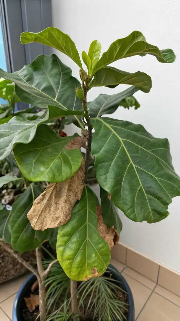 A Fiddle Leaf Fig tree in a dark blue pot that displays common issues related to Fiddle Leaf Tree Care. While the plant shows healthy new growth at its top, several of its lower leaves are completely brown, dry, and crispy. This type of damage suggests the plant is suffering from extremely low humidity or inconsistent watering, which are critical environmental factors to manage for this species.
