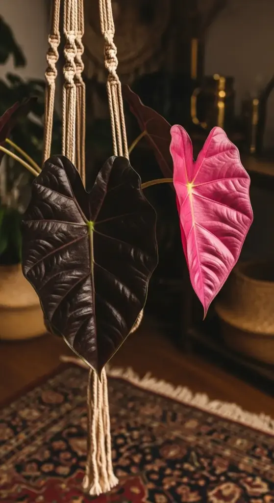 The stunning color contrast within rare Alocasia Plant Varieties is captured in a close-up shot of what appears to be an Alocasia 'Azlanii'. A new, vibrant hot pink leaf unfurls next to a mature, deep burgundy-black leaf, both showcasing a glossy, textured surface. The plant is cradled in a natural rope macrame hanger above a patterned rug, highlighting the exotic beauty of this "jewel Alocasia" in a warm, cozy home setting.