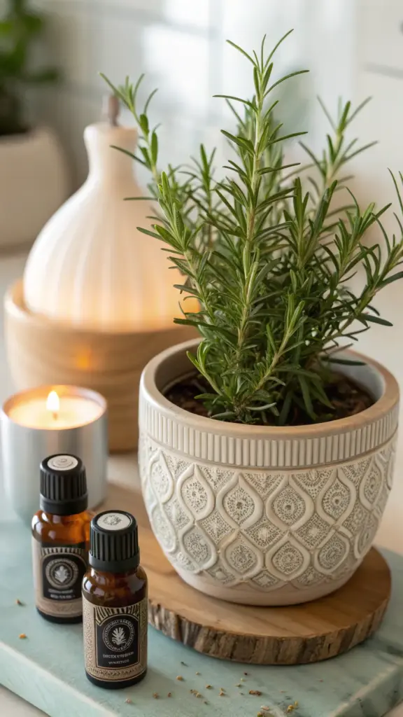 An elegant, spa-like setting that highlights one of the most popular therapeutic ways to use rosemary. In the foreground, a fresh rosemary plant in a beautifully textured ceramic pot is artfully arranged with two amber bottles of rosemary essential oil. The scene is made tranquil by a softly lit candle and a warm, glowing aromatherapy diffuser in the background, demonstrating the use of rosemary for relaxation, focus, and creating a calming atmosphere.