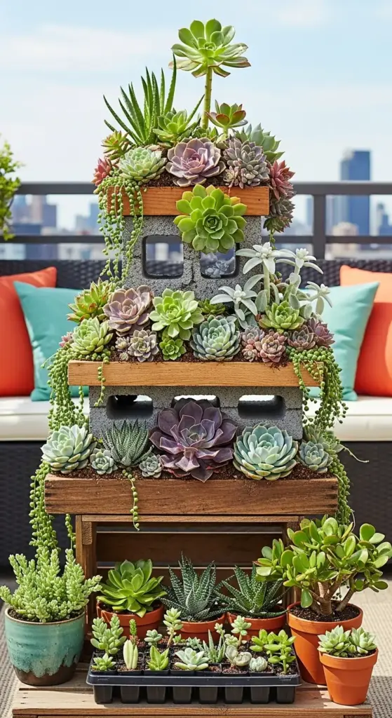 A tiered succulent display made from concrete blocks and wooden crates, overflowing with various types of succulents and cascading string of pearls, creating an attractive and low-maintenance green screen that offers unique Backyard Privacy Ideas From Neighbors on a rooftop or patio, with outdoor seating and a city skyline in the background.