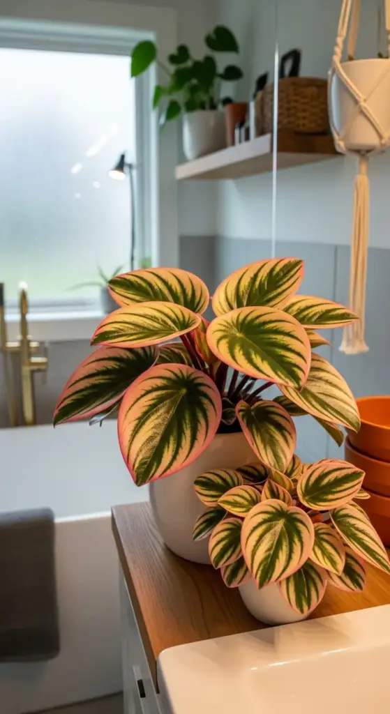 A stunning pink and green striped Watermelon Peperomia plant, an ideal choice for "Bathroom Plants", is displayed in a white pot on a wooden surface in a bright bathroom, with a second smaller plant nearby and a bathtub visible in the background.