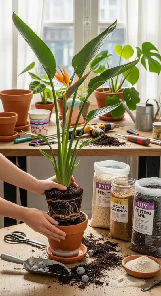 Indoor gardener preparing to repot a Bird of Paradise, with various soil amendments like perlite and worm castings ready for use. Proper soil and care are essential for thriving plants and successful ZZ Plant Propagation.