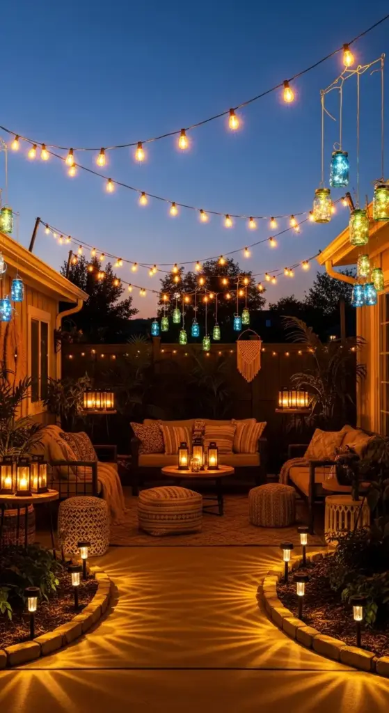 An enchanting evening view of a cozy outdoor patio, beautifully lit with string lights crisscrossing overhead and colorful hanging jar lights adding a festive touch. The space features comfortable bohemian-style seating with numerous pillows, warm lantern lighting on tables, and soft ground lighting illuminating the pathways, creating an inviting ambiance perfect for Boho Patio Ideas Outdoor Spaces.