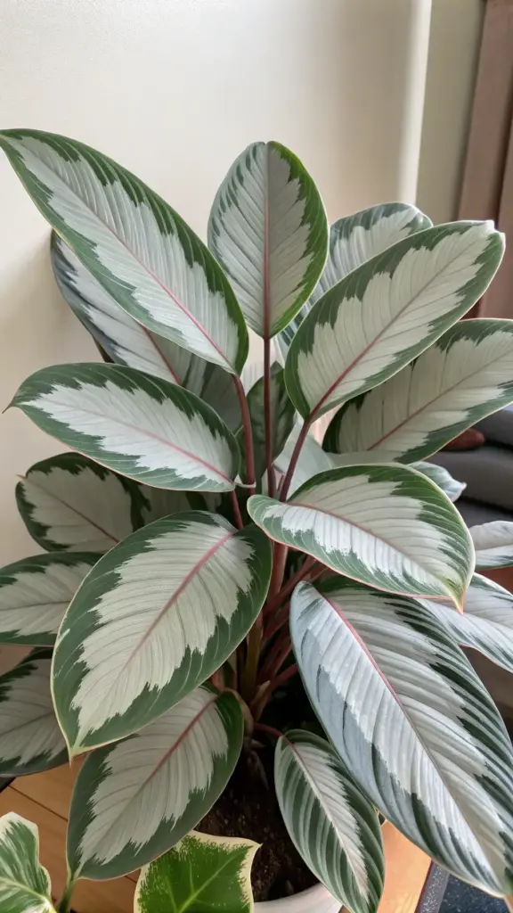 A lush and healthy Calathea picturata 'Argentea', a beautiful specimen among the many Calathea Plant Varieties. This close-up shot captures its distinctive oval leaves, which feature a bright, silvery-white center elegantly outlined with a thick, dark green border. A fine, pinkish-red midrib runs down the center of each leaf, adding a subtle contrast to the reddish stems. The plant's full, vibrant foliage is showcased against a neutral indoor background, emphasizing its unique and decorative pattern.