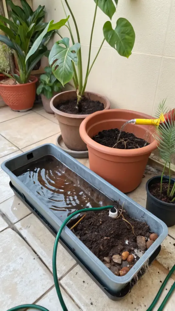 A capillary bottom watering system designed to discourage gnats in house plants, featuring a long grey tray filled with water that allows a planter with soil and a wicking mechanism to absorb moisture from below. This technique helps keep the topsoil drier, reducing gnat infestations. Several other potted plants, including a Monstera, are visible on a tiled surface in the background, with one pot being top-watered by a yellow watering can.