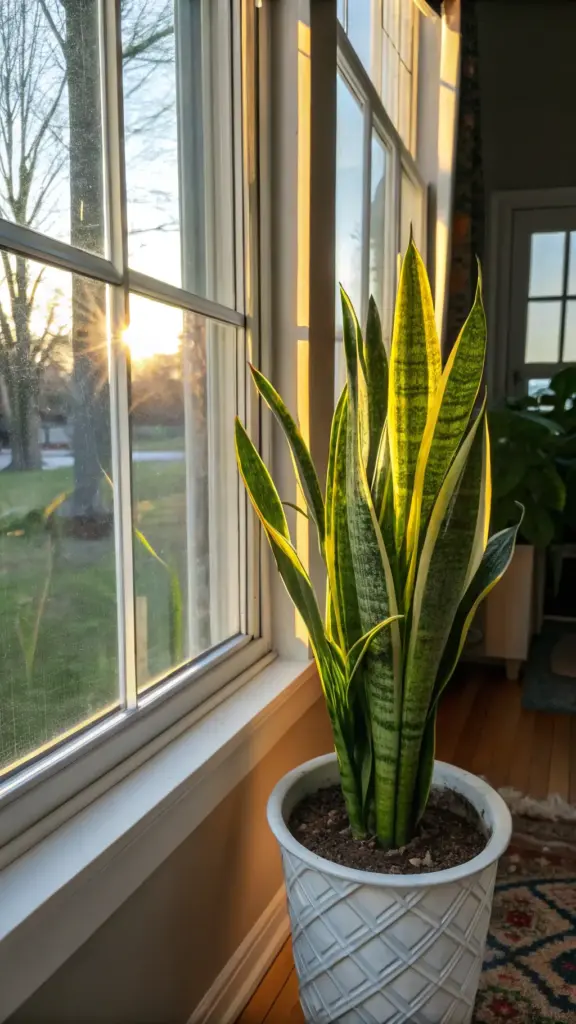 A healthy snake plant in a white decorative pot is perfectly positioned on the floor next to a large window, bathed in the warm, indirect glow of a setting or rising sun. The image highlights a key aspect of Snake Plant Care, which is providing the right amount of bright, indirect light to maintain the vibrant green and yellow variegation of its tall, upright leaves. The sun starburst visible through the window adds a serene, aspirational quality to the scene.