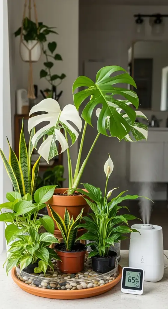 A beautiful arrangement of healthy houseplants, with a striking Monstera Variegata in a terracotta pot as the centerpiece, surrounded by a snake plant, peace lily, and pothos, all benefiting from a humidifier running beside them.