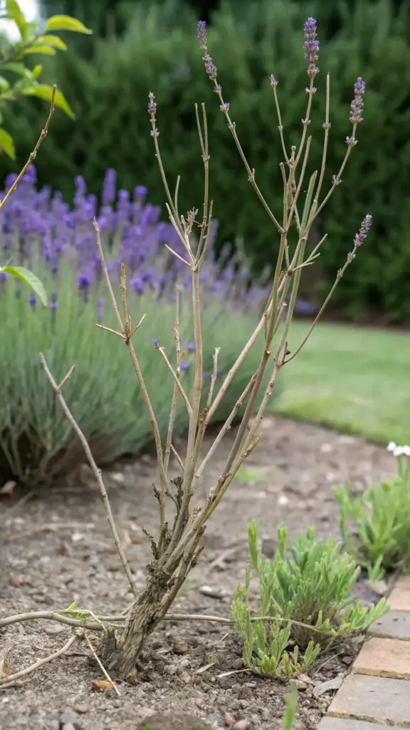 An over-pruned young lavender plant with mostly bare stems and only a few flower buds left, illustrating the damage caused if you prune lavender plant too severely, though hopeful new green growth can be seen at the woody base.
