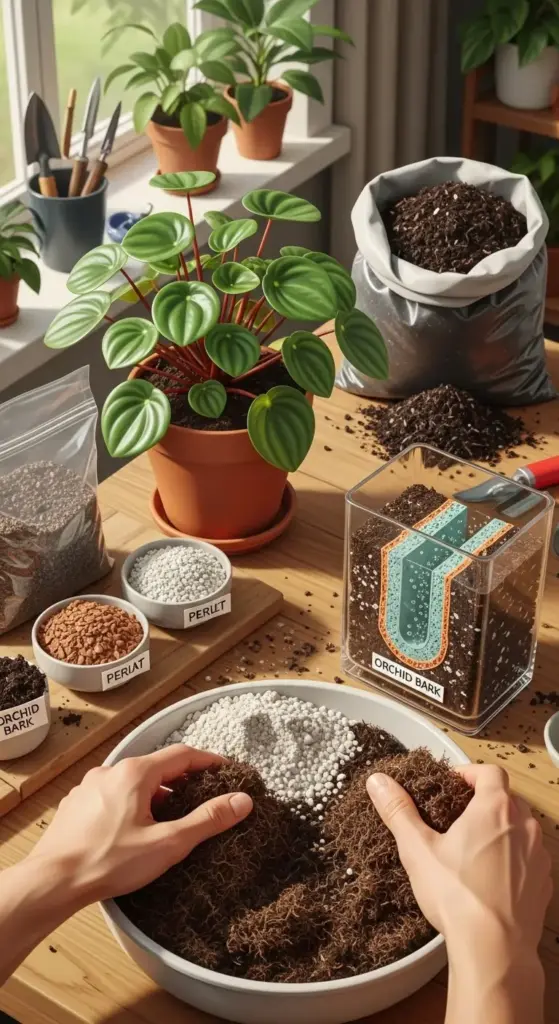 A pair of hands mixes various soil components like perlite, periat, and orchid bark in a white bowl, demonstrating the crucial step of preparing the right potting mix for optimal Peperomia Care. On a wooden table, a healthy Peperomia plant in a terracotta pot stands alongside bags of soil and clear containers of different soil amendments, including one illustrating soil layers, highlighting the detailed process of ensuring proper Peperomia Care.