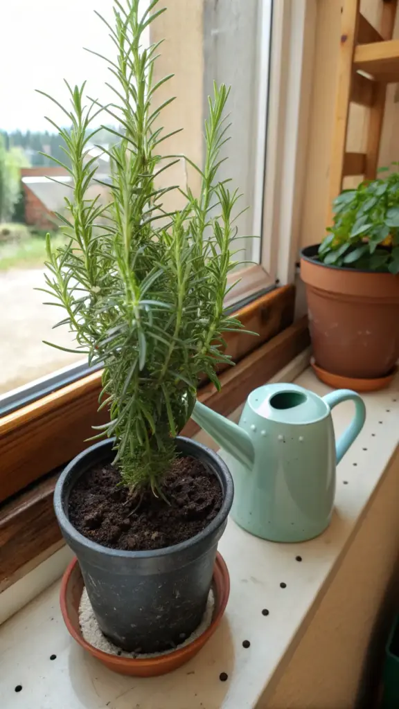 A healthy, upright rosemary plant in a dark grey pot sits on a bright, sunny windowsill next to a small, light-blue watering can. This setup visually demonstrates the importance of proper watering, a key lesson in learning how to grow rosemary in a pot to ensure the soil is kept moist but not waterlogged, thus preventing root rot.