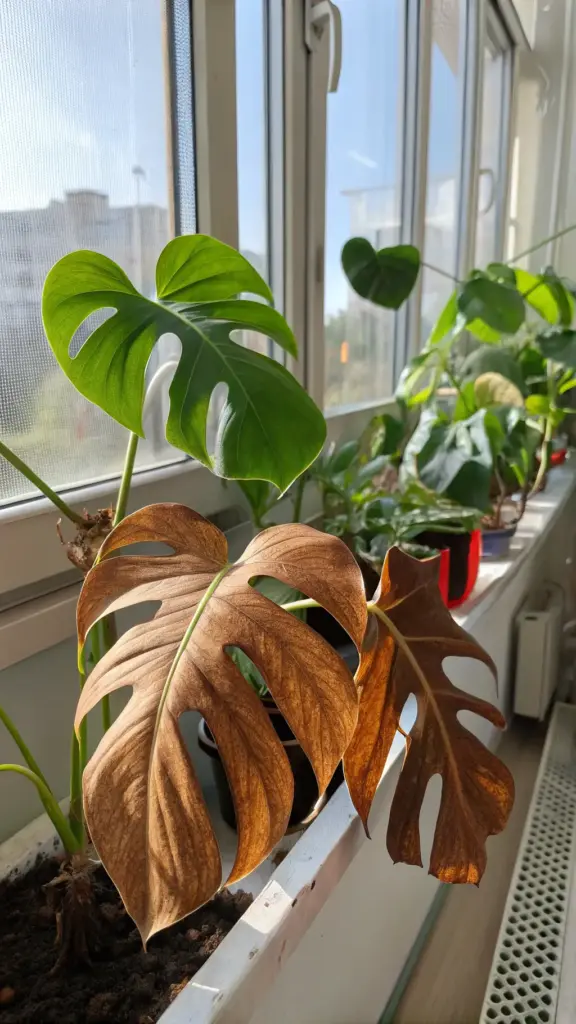 An image illustrating a potential outcome for those learning how to propagate a Monstera, such as transplant shock or stress on the mother plant. In the foreground, a large Monstera leaf has turned completely brown, while directly behind it on the same plant, a vibrant, healthy green leaf with fenestrations reaches for the sun. This contrast, set on a bright windowsill, shows that it can be normal for a plant to sacrifice an older leaf to redirect energy after a cutting has been taken.