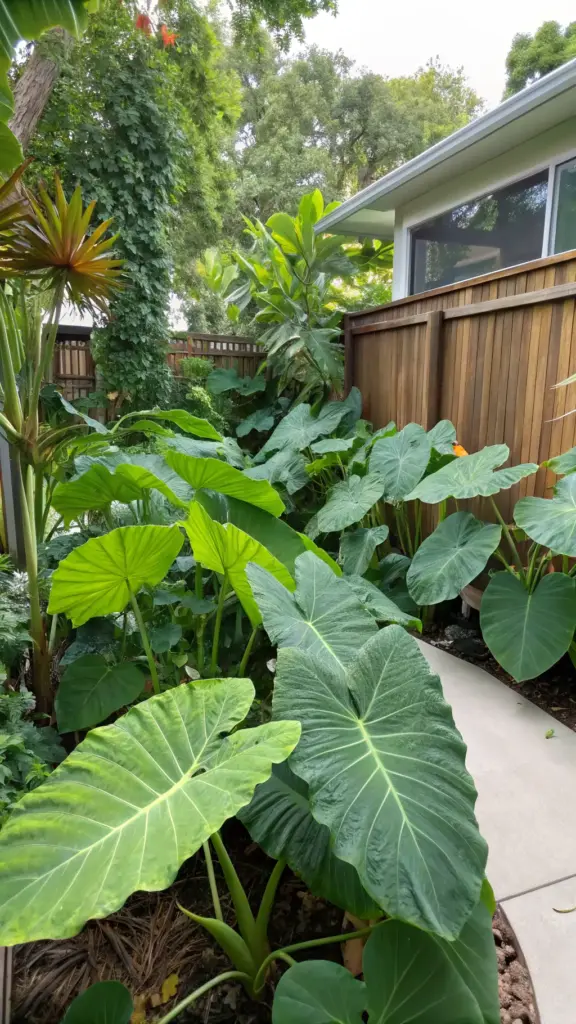 A lush, tropical side-yard garden dominated by giant Elephant Ear (Taro) plants with massive green leaves. This dense foliage creates a jungle-like atmosphere along a narrow pathway next to a wooden fence and house. While this beautiful, moist environment is stunning, it can also be a haven for insects. Strategically incorporating Mosquito Repelling Plants like lemon balm, citronella, or mint into the landscape design is an effective way to enjoy the tropical aesthetic while helping to deter pests from the area.