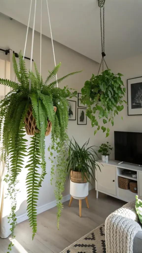 Interior of a modern house with plants, showcasing a lush hanging Boston fern in a woven basket and another hanging plant, creating an 'urban jungle' feel. In the background, a bright living area features a white media console, more potted plants, and framed wall art, emphasizing a home beautifully decorated with diverse greenery.