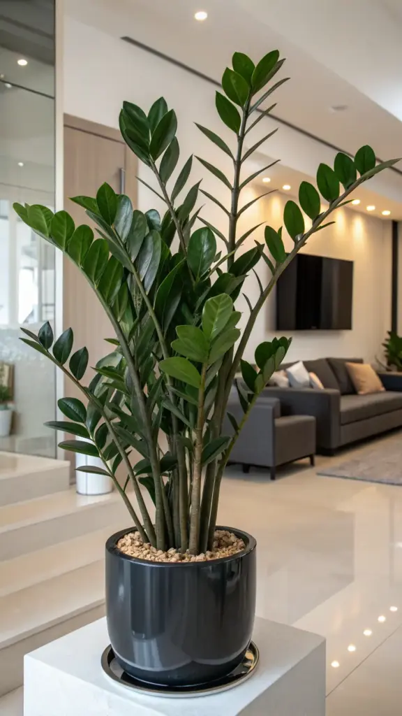 A large, healthy ZZ plant (Zamioculcas zamiifolia) with glossy, dark green leaves stands in a sleek, dark grey ceramic pot. The pot is placed on a modern white pedestal, showcasing it as a statement piece of indoor plants decor living room. In the background, a luxurious and contemporary open-plan living room is visible, featuring a grey sofa, recessed ceiling lights, and polished white tile floors, highlighting how elegant plants can elevate a modern interior design.