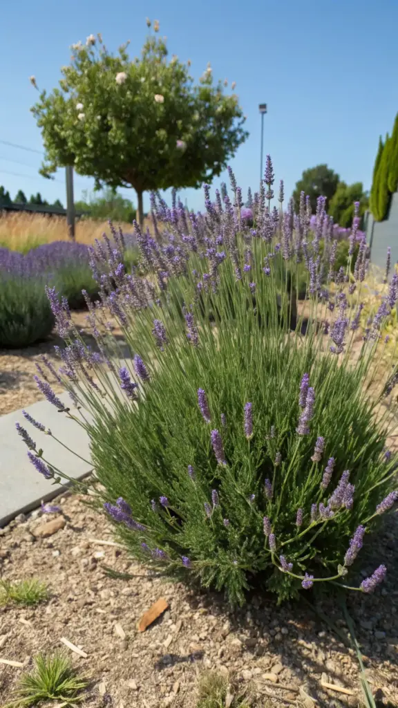 A large, healthy lavender bush with a perfect mounded shape and abundant purple flower spikes, showcasing the successful results of learning how to grow lavender properly. The plant is situated in a bright, sunny garden with gravel and wood chip mulch, with a manicured tree and clear blue sky in the background, illustrating the ideal growth habit for a mature lavender plant.