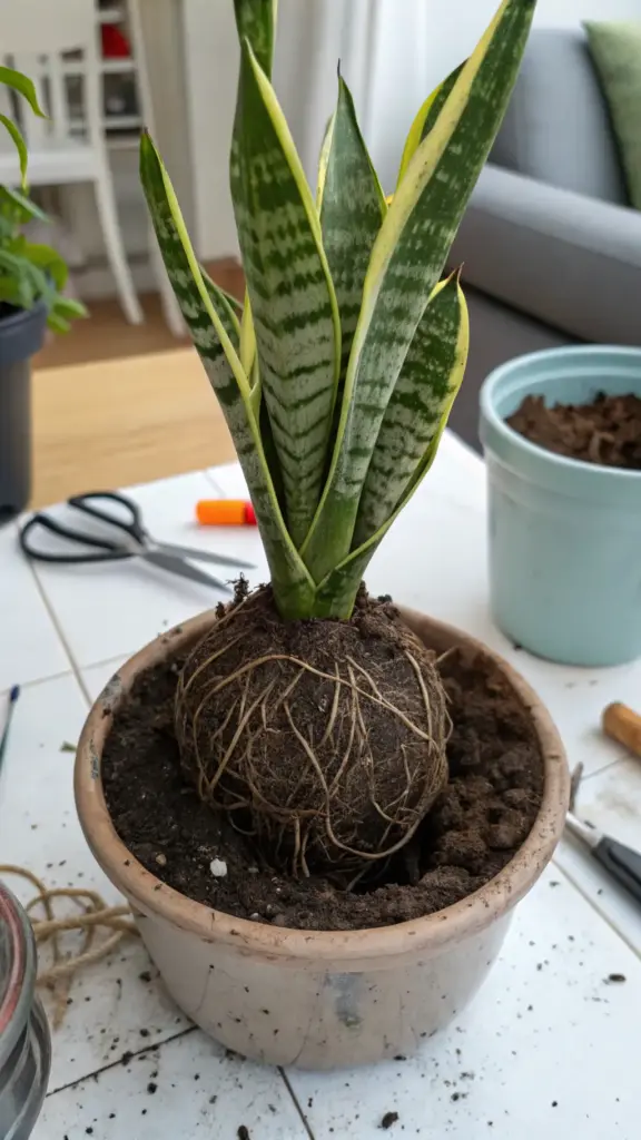 A variegated snake plant (Dracaena trifasciata) is shown with its entire tightly-bound root ball exposed, sitting atop soil in its old pot. This striking image perfectly illustrates a plant that is severely root-bound, a common reason for Repotting House Plants. The dense network of roots is clearly visible, providing a valuable visual aid for educational content about how to identify and solve this problem. In the background, tools and a new pot with fresh soil are visible, completing the narrative of a necessary plant care task in progress.