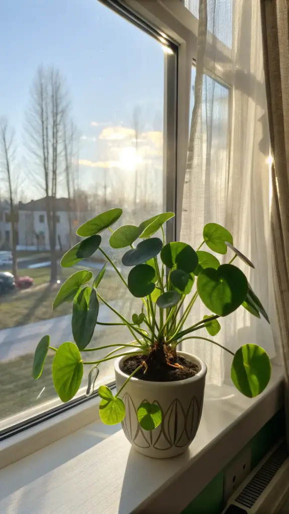A perfect visual guide for Chinese Money Plant Care, this image demonstrates ideal light positioning. A healthy Pilea peperomioides sits in a decorative, off-white ceramic pot on a bright windowsill. The plant is beautifully backlit by the late afternoon sun, with a sheer curtain to the side, illustrating how to provide the essential bright, indirect light that this species thrives on without scorching its signature round leaves. This optimal placement is a cornerstone of proper care, ensuring a vibrant and healthy plant.