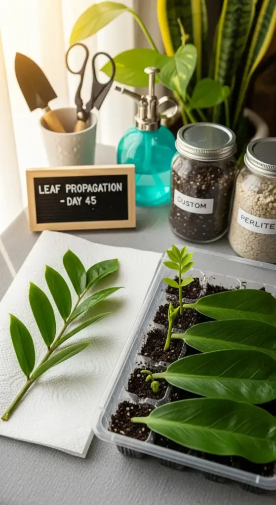 A successful ZZ Plant Propagation setup showing the leaf-cutting method. A propagation tray holds individual ZZ leaves in soil, with one sprouting a new stem and leaves. A letter board sign reads "LEAF PROPAGATION - DAY 45," with jars of perlite and custom soil mix in the background.