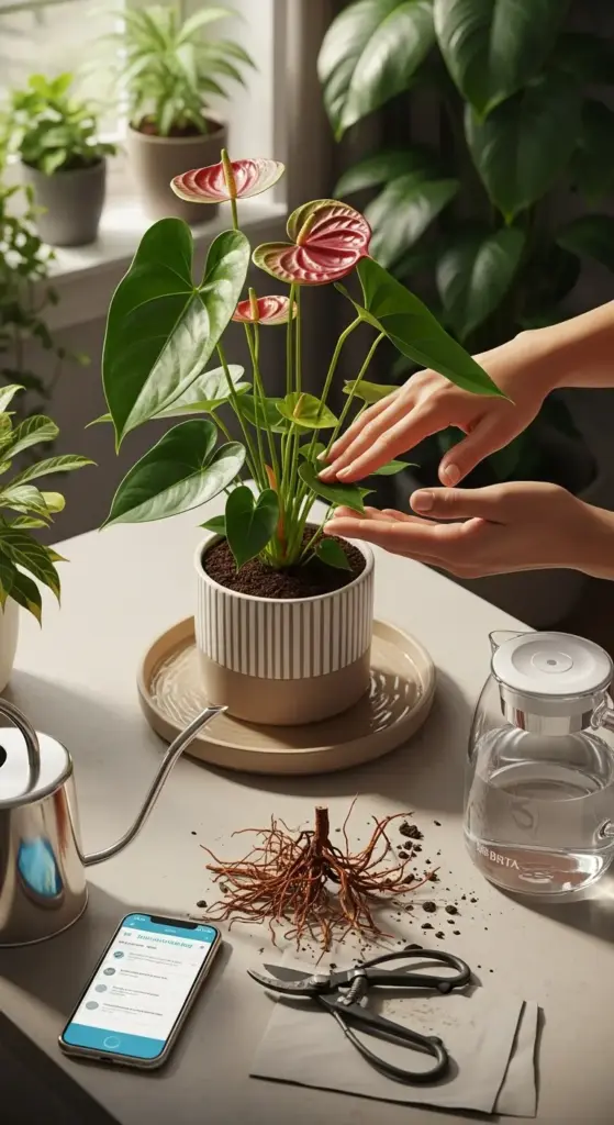 Hands inspecting an Anthurium Clarinervium plant in a pot with exposed roots next to it, alongside a watering can, scissors, and a phone displaying plant care info, detailing essential steps to Grow Anthurium Clarinervium, including repotting and root health.