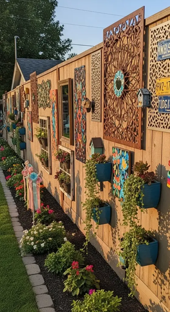 An eye-level, vertical shot captures a vibrant and heavily decorated wooden backyard fence, showcasing an eclectic range of backyard fence decor under the soft glow of either morning or late afternoon sun. The fence is adorned with an array of unique items, including intricate metal cutouts, framed mirrors, colorful painted panels, and old license plates, creating a visually rich tapestry.Numerous blue planters filled with cascading green plants and succulents are hung at various heights, adding a touch of natural beauty. Some sections of the fence feature what appear to be old window frames repurposed as planters, holding an assortment of flowers. Along the base of the fence, a well-maintained garden bed overflows with a variety of colorful flowers and green foliage, separated from a lush green lawn by a dark stone border. Small birdhouses are also visible among the decorations, contributing to the charming backyard fence decor. The sky above is clear and bright.