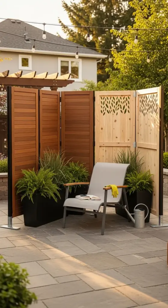 A stylish outdoor living space features versatile "Backyard Privacy Ideas From Neighbors" with a combination of wooden privacy screens, including slatted dark wood panels and lighter wood panels with decorative leaf cutouts. Potted ferns and grasses are strategically placed in front of the screens, enhancing the natural barrier. A comfortable grey outdoor chair with a book and gardening gloves sits on a paved patio, while string lights hang above, all set against the backdrop of a residential house.