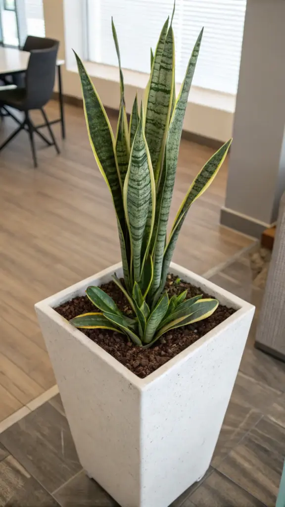 A tall, healthy snake plant (Dracaena trifasciata) with striking yellow and green variegated leaves is potted in a modern, square, white tapered planter. The plant sits on a tiled floor against a backdrop of wood-look flooring and a blurred-out seating area, showcasing how it can be used as elegant office or home decor. Proper Snake Plant Care, including the use of well-draining soil visible in the pot, ensures the plant remains vibrant and upright.