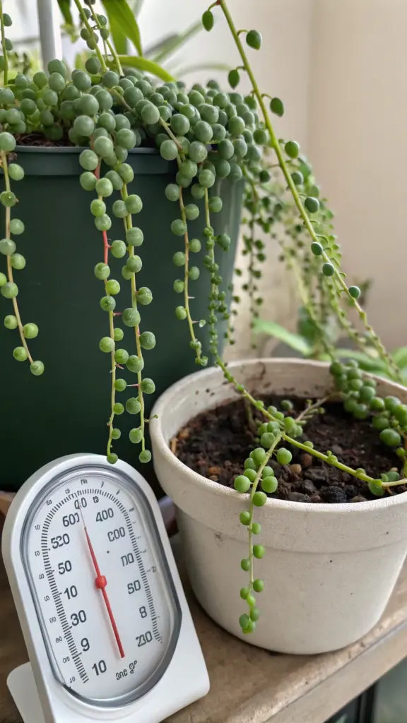 An image highlighting the importance of ambient humidity as part of a successful String of Pearls Care routine. A white analog hygrometer sits next to two healthy String of Pearls plants, displaying a relative humidity level of approximately 40%. The lush, vibrant green pearls on the plants suggest that this is a favorable environmental condition, demonstrating the benefit of monitoring humidity for this succulent.