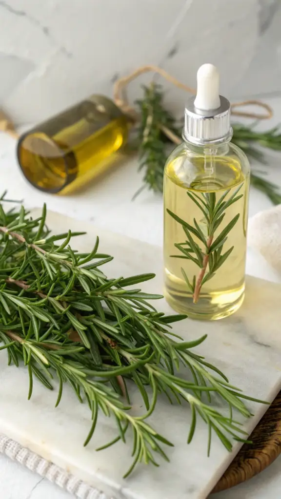 A bright and clean image demonstrating one of the most effective ways to use rosemary for hair and skin care. A clear glass dropper bottle filled with golden, rosemary-infused oil sits on a white marble slab. A fresh sprig of rosemary is steeping inside the oil. Next to the bottle is a lush bundle of fresh rosemary, highlighting the natural ingredients used for this DIY beauty treatment, which is often used to promote hair growth and healthy skin.