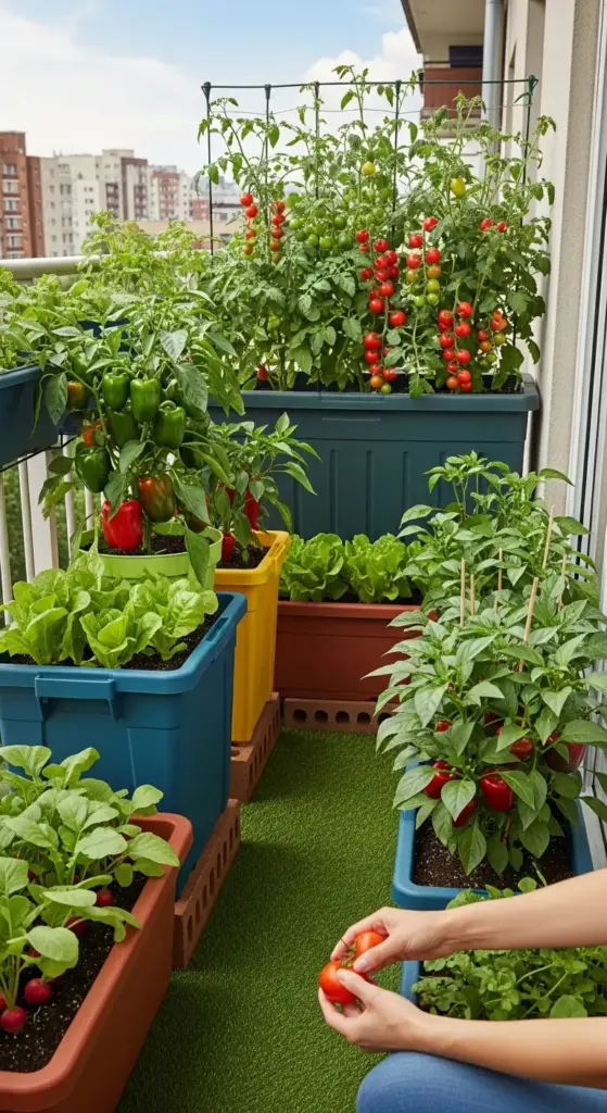 A vibrant balcony vegetable garden featuring various plants in colorful raised planters, including tall tomato plants providing excellent height for Backyard Privacy Ideas From Neighbors, alongside bell peppers, lettuce, and radishes, with a person's hands harvesting a red tomato, all set on artificial turf with urban buildings in the background.