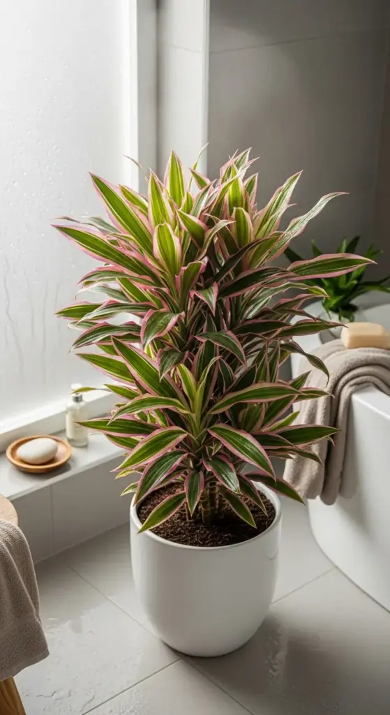 A tall, vibrant Dracaena Marginata with striking pink and green leaves stands in a white pot on a tiled bathroom floor, showcasing a beautiful example of "Bathroom Plants" next to a bathtub with a towel draped over it.