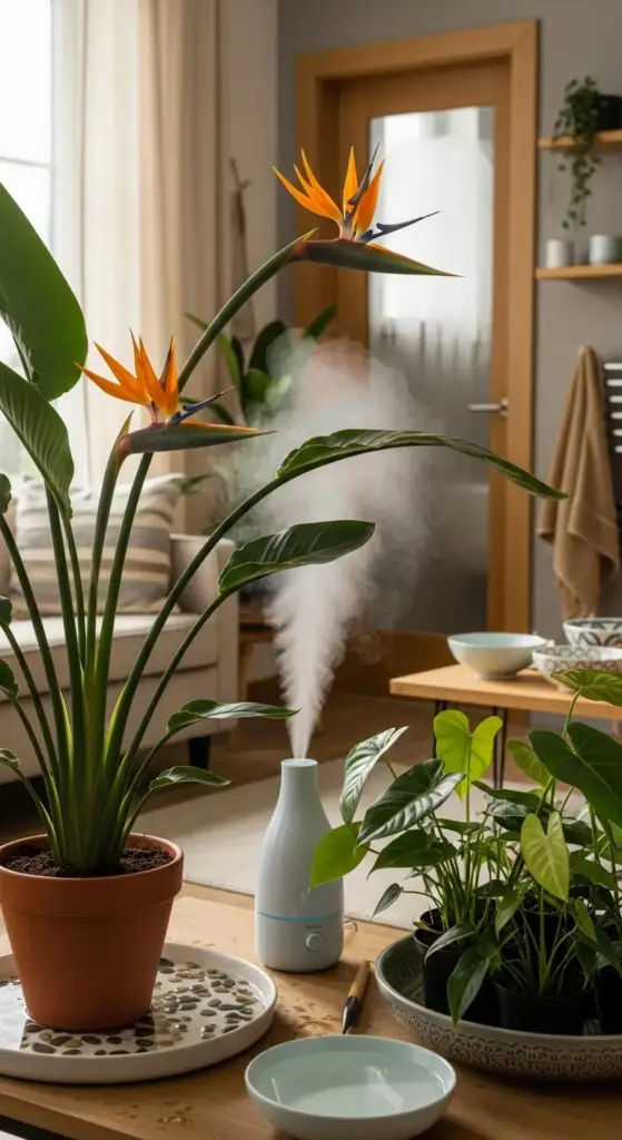 Indoor Bird of Paradise with exotic flowers and a humidifier creating a thriving environment, highlighting the importance of optimal growing conditions for all houseplants, including those undergoing ZZ Plant Propagation.