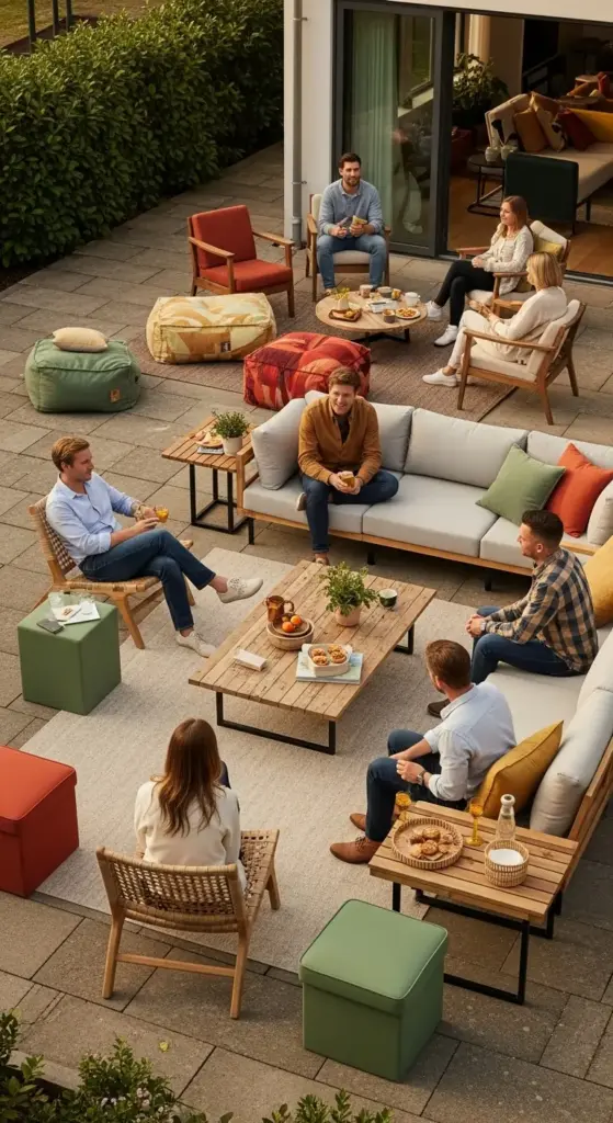 An aerial view of a spacious outdoor patio designed for social gatherings, featuring ample seating arrangements that blend seamlessly with Boho Patio Ideas Outdoor Spaces. A large light grey sofa with various pillows sits on a cream-colored rug, complemented by wooden chairs, ottomans, and bean bags in earthy tones. Several people are comfortably seated, enjoying drinks and snacks on a large wooden coffee table, creating a relaxed and inviting atmosphere.