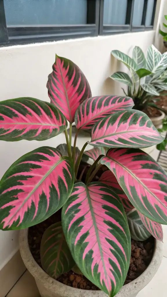 A vibrant, close-up shot of a Calathea louisae 'Thai Beauty', one of the most strikingly colorful Calathea Plant Varieties. The image focuses on the plant's remarkable leaves, which display a vivid, feathered splash of bright magenta-pink down the center, framed by deep green margins. Potted in a simple, light-colored stone container, this plant's exotic and painterly foliage is on full display, with another houseplant visible in the soft-focus background.