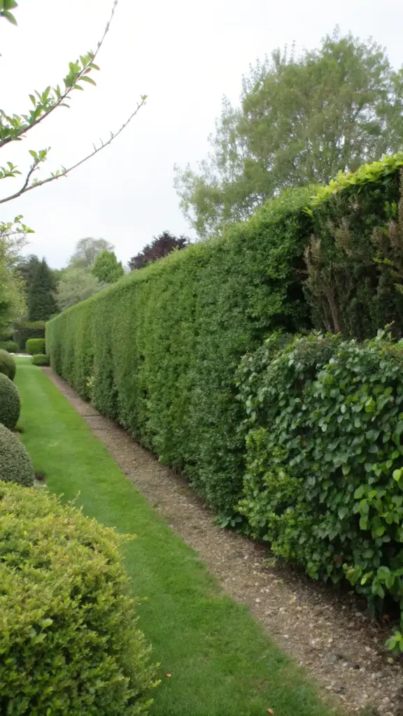 A formal garden featuring a very tall, dense green privacy hedge that creates a living wall along a gravel path and a manicured lawn. While these beautiful, overgrown hedges are excellent for privacy, their dense foliage can provide a resting place for pests. Strategically landscaping with Mosquito Repelling Plants like lavender, rosemary, or marigolds along the border is a smart and effective way to deter insects and ensure this elegant garden remains a comfortable and pleasant space.