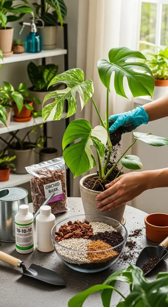 A person wearing gloves is repotting a Monstera Variegata, carefully adding a fresh, chunky soil mix from a bowl containing orchid bark and perlite, with fertilizer and tools on the table.