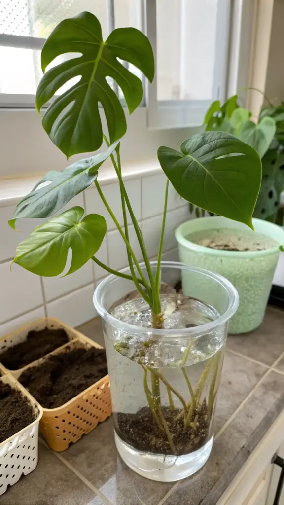 A clear visual guide on how to propagate a Monstera using the water propagation method. A healthy Monstera cutting, featuring several vibrant green leaves with early fenestrations, is placed in a transparent cup filled with water. The developing root system is clearly visible through the cup, showing a successful propagation in progress. The setup sits on a tiled kitchen counter in front of a window, with small starter pots filled with soil nearby, ready for the next step of transferring the plant from water to soil.