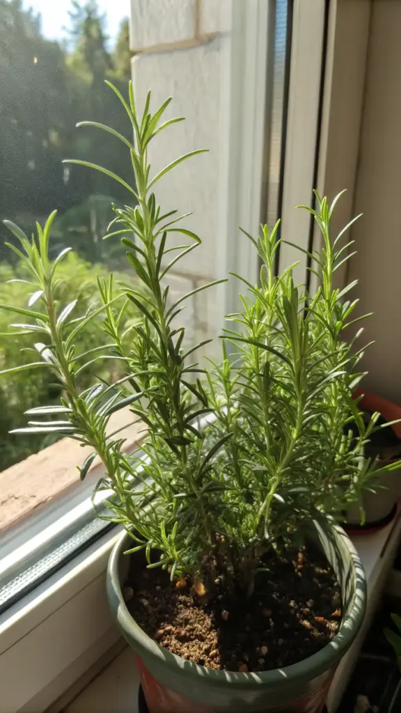 A healthy rosemary plant in a ceramic pot soaking up bright, direct sunlight on a windowsill. The strong light illuminates the green needles, showcasing the optimal light conditions required for this Mediterranean herb. This image is a perfect visual for a guide on how to grow rosemary in a pot, as it emphasizes the need for at least 6-8 hours of full sun for maximum growth.