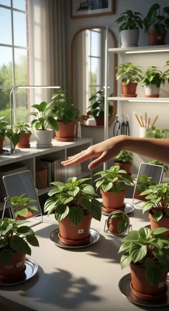 A hand reaches out towards several small Peperomia plants in terracotta pots, some placed on reflective surfaces or with mirrors, suggesting careful light management – a key aspect of Peperomia Care. A grow light illuminates some plants near a window, while more Peperomia plants are visible on shelves and windowsills in the background, showcasing a dedicated indoor gardening space focused on Peperomia Care.