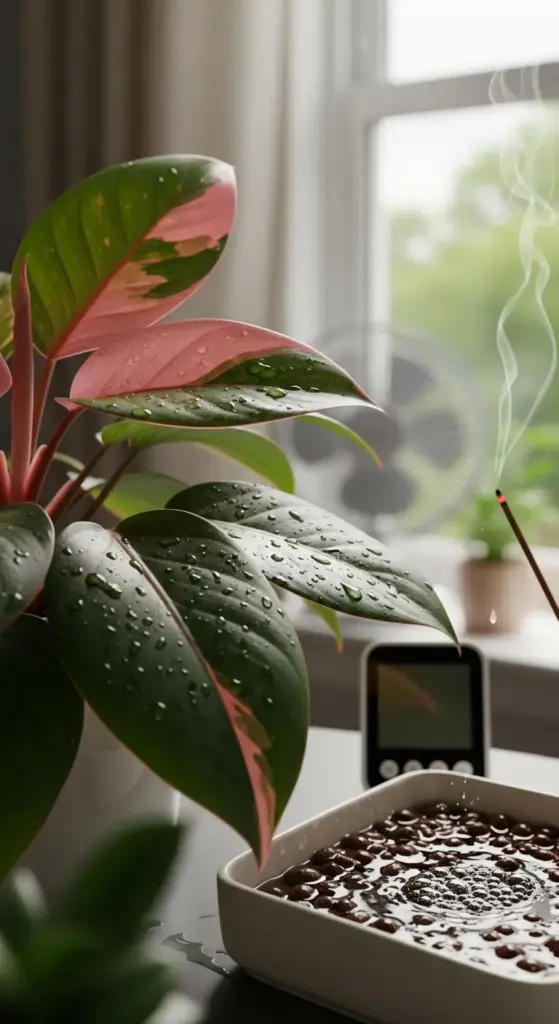 A detailed image demonstrating humidity techniques for Pink Princess Philodendron Care, showcasing a plant with water droplets on its pink and green leaves, a pebble humidity tray, and a digital hygrometer in the background to monitor the environment.