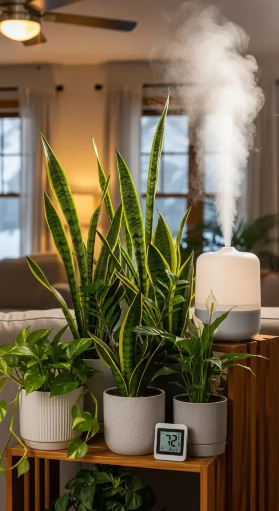 A collection of healthy snake plants and other houseplants on a wooden stand benefit from a running humidifier, which adds moisture to the air. This setup, complete with a digital hygrometer to monitor the environment, demonstrates an important aspect of indoor Snake Plant Care.