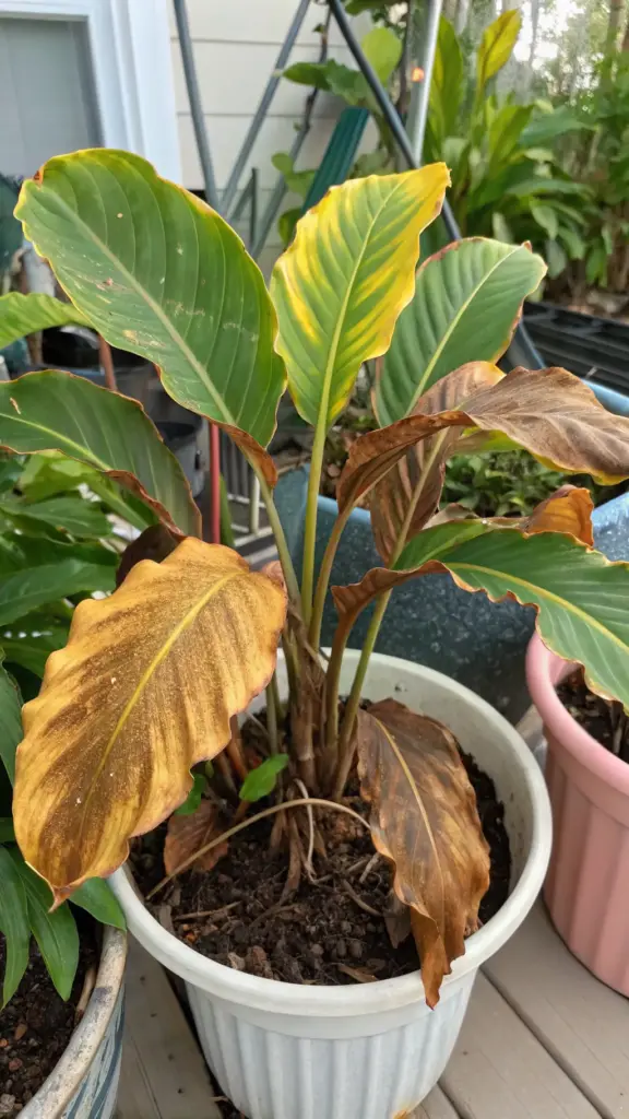 A Calathea plant in a white fluted pot shows significant signs of distress, with several large leaves turning brown, yellow, and crispy. This image is a clear visual representation of common issues faced by plant owners, such as improper watering or soil problems, which can often be addressed by Repotting House Plants. The unhealthy state of the Calathea makes this image highly relevant for articles, blogs, and guides focused on troubleshooting plant care, diagnosing diseases, and demonstrating the importance of fresh soil and proper pot drainage to revive a struggling plant.